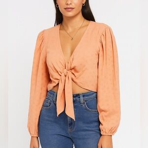 American Eagle Outfitters Peach Long Puffy Sleeves, Tie-Front Blouse- Size Large
